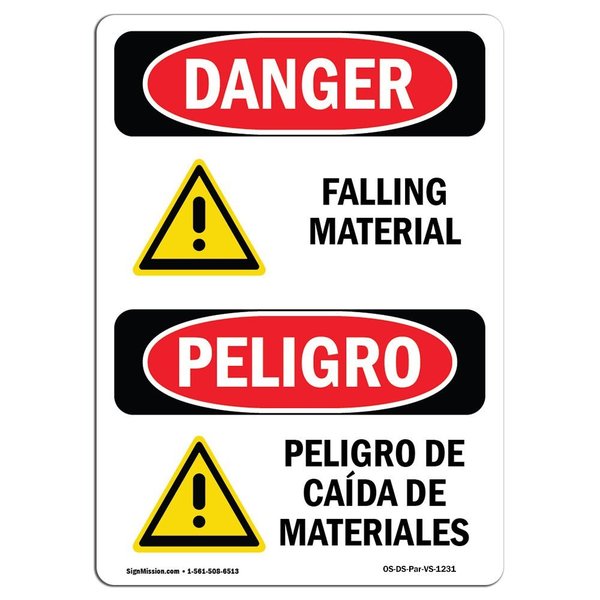 Signmission OSHA Danger Sign, Falling Material Bilingual, 24in X 18in Decal, 18" W, 24" H, Bilingual Spanish OS-DS-D-1824-VS-1231